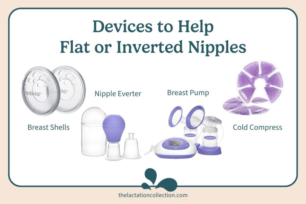 Graphic showcasing four devices to assist with flat or inverted nipples: 'Breast shells' are clear silicone covers; 'Nipple Everter' depicted as a purple bulb device; 'Breast Pump' showing a pump with bottles; and a 'Cold Compress' illustrated as a purple segmented circular pad.