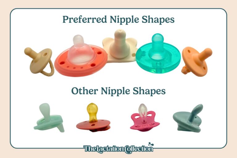 A side-by-side comparison of different pacifier nipple shapes, categorizing them into preferred and other options.