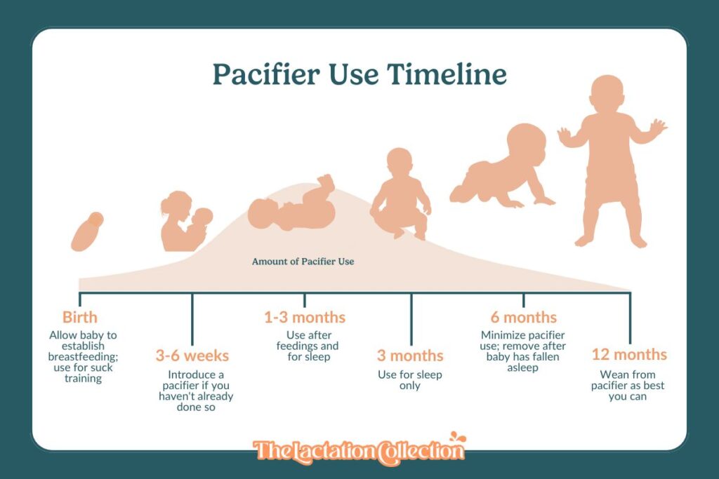 An infographic displaying the gradual increase and decrease in pacifier use over the first year of a baby’s life, with key milestones.