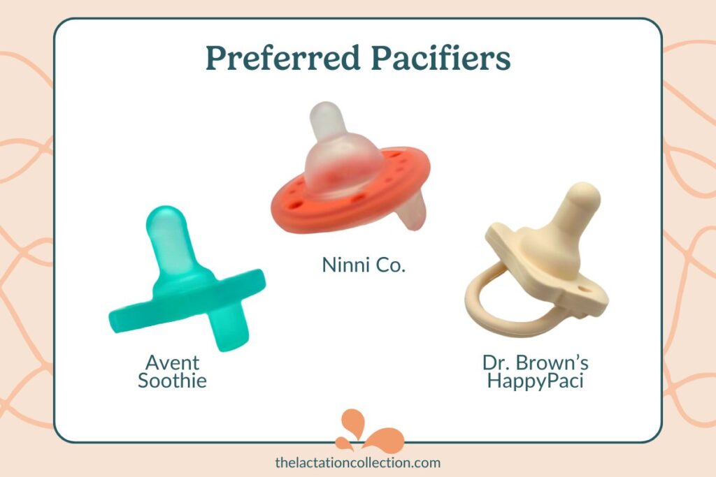 A selection of three highly recommended pacifiers designed to mimic the shape and feel of breastfeeding, featuring different styles and materials.